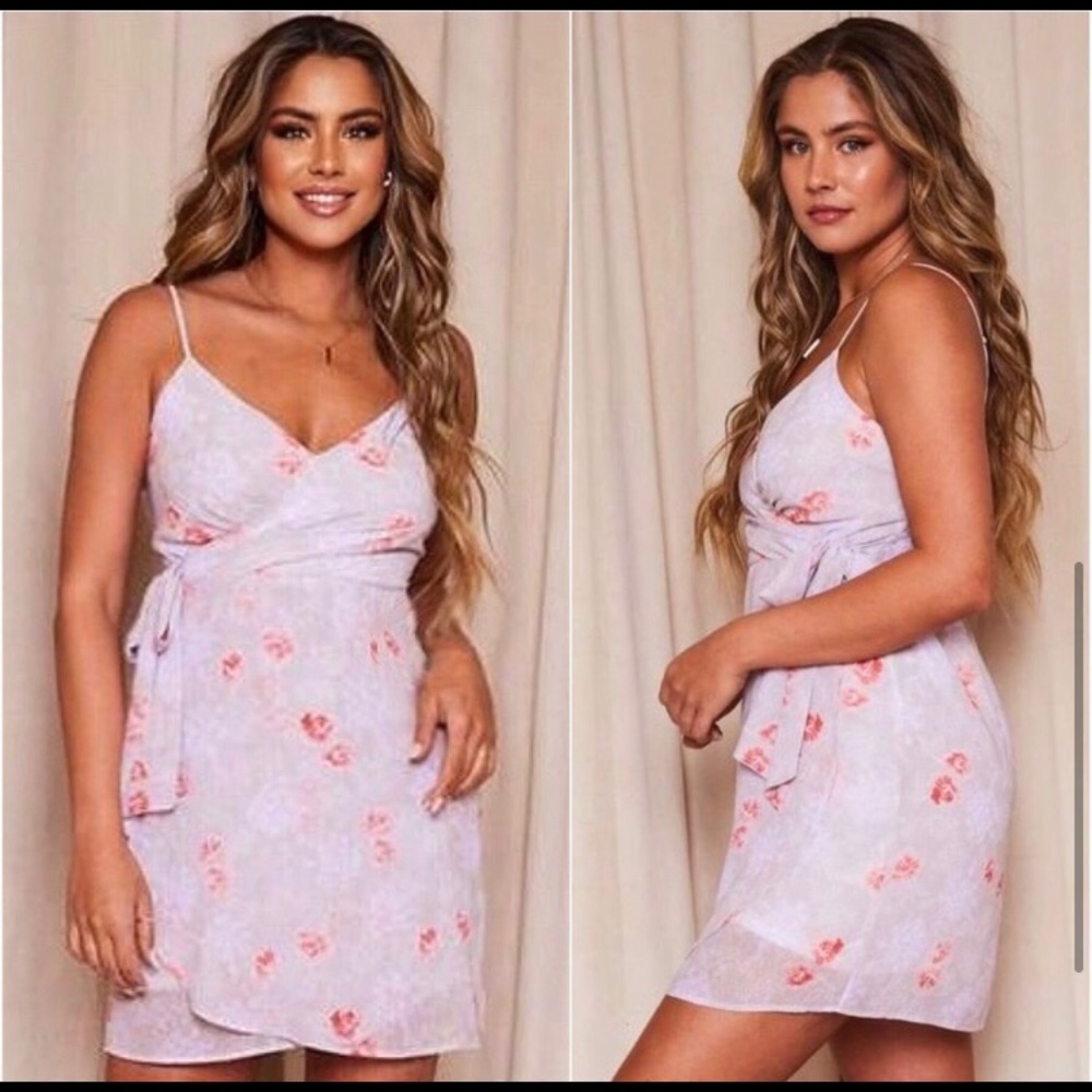 Women’s taupe faux wrap style summer elegant cute floral surplice dress - Picture 3 of 3